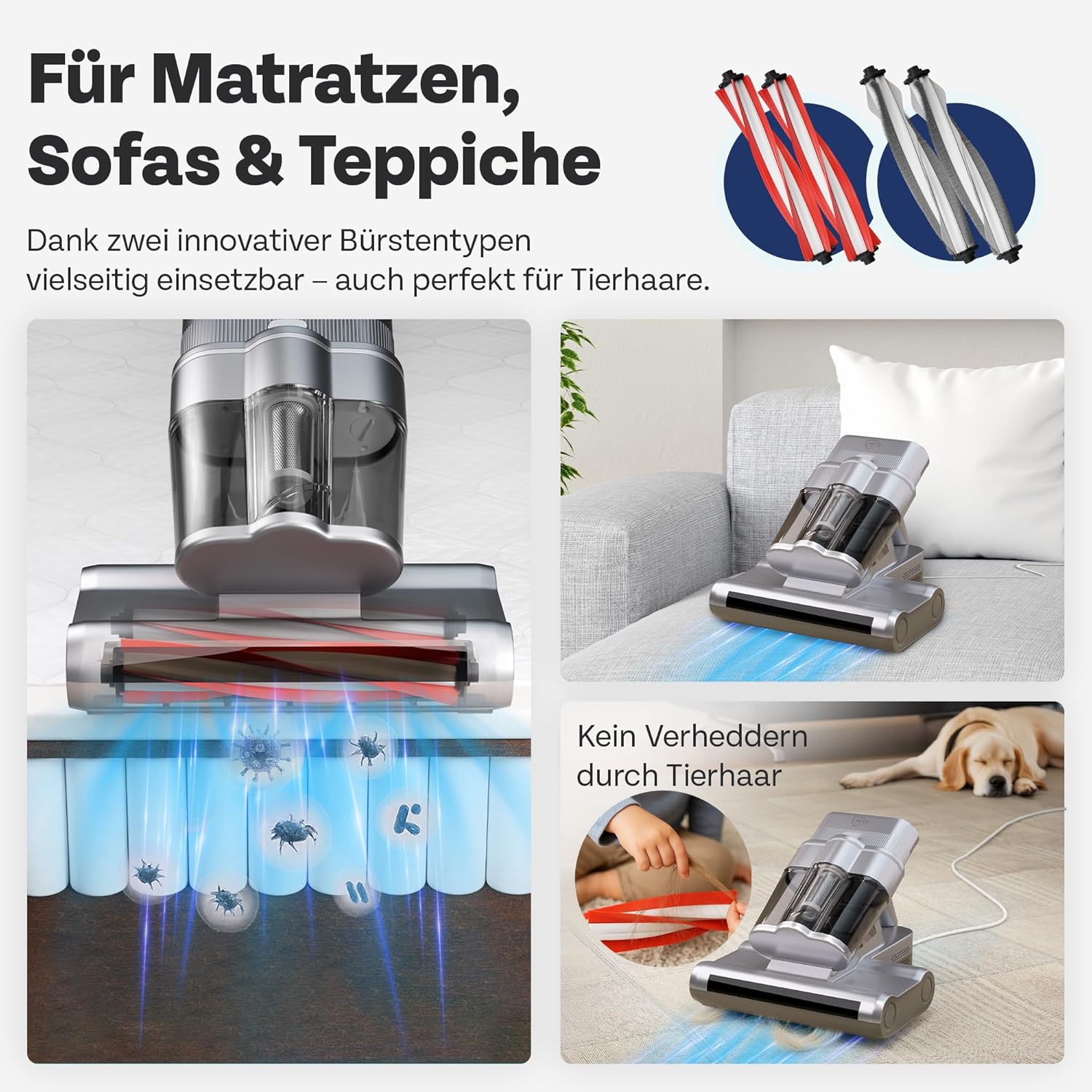 Miteguard® Milbensauger für Matratzen & Polster mit 2 Spezialbürsten - UV-Licht, Ultraschall-Gerät & 60°C Heißluft - Matratzenreiniger, Sauger gegen Hausstaubmilben, Tierhaare & Allergene