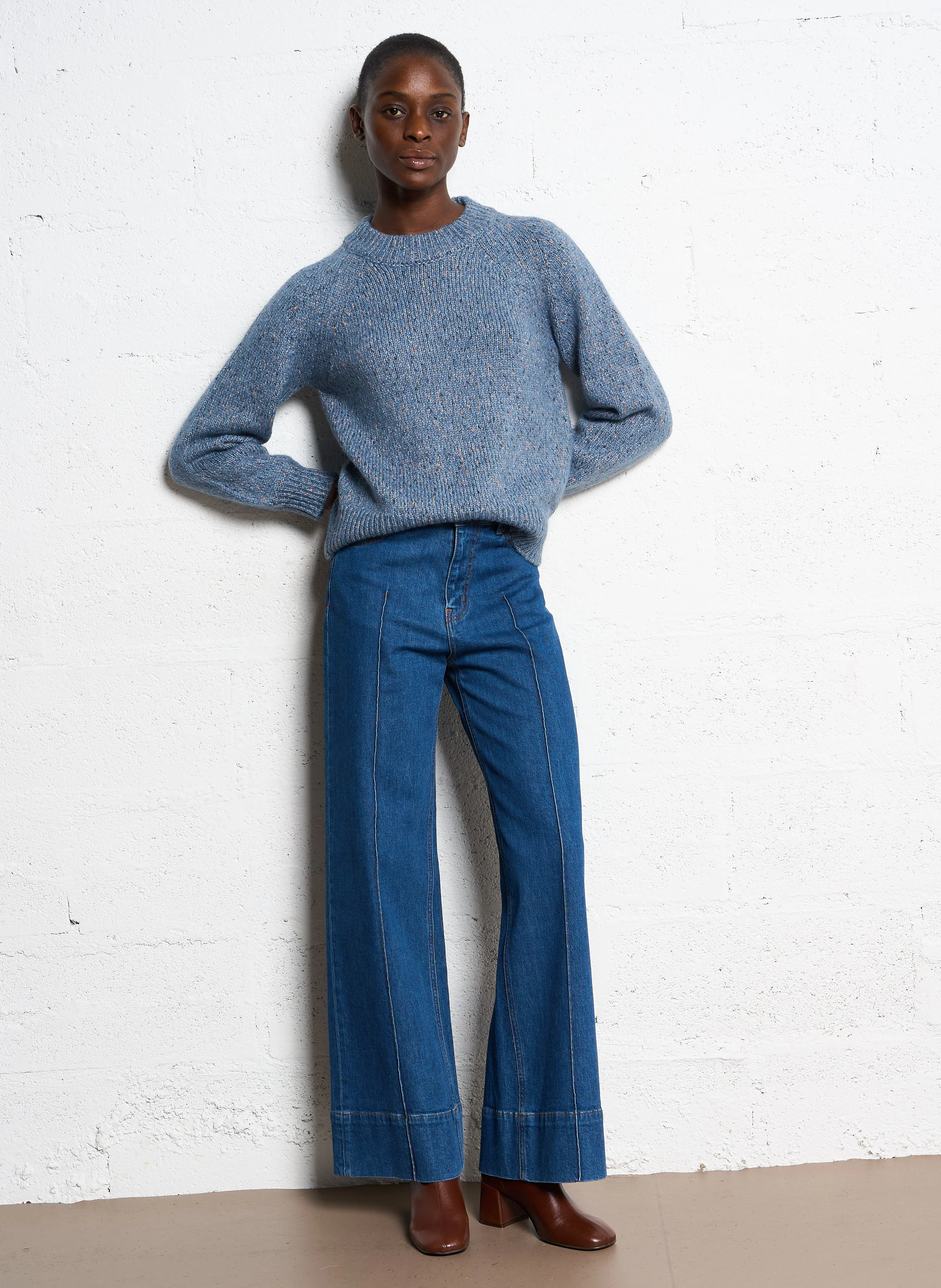 SALOME - Jean évasé taille haute en coton mélangé | Bleu