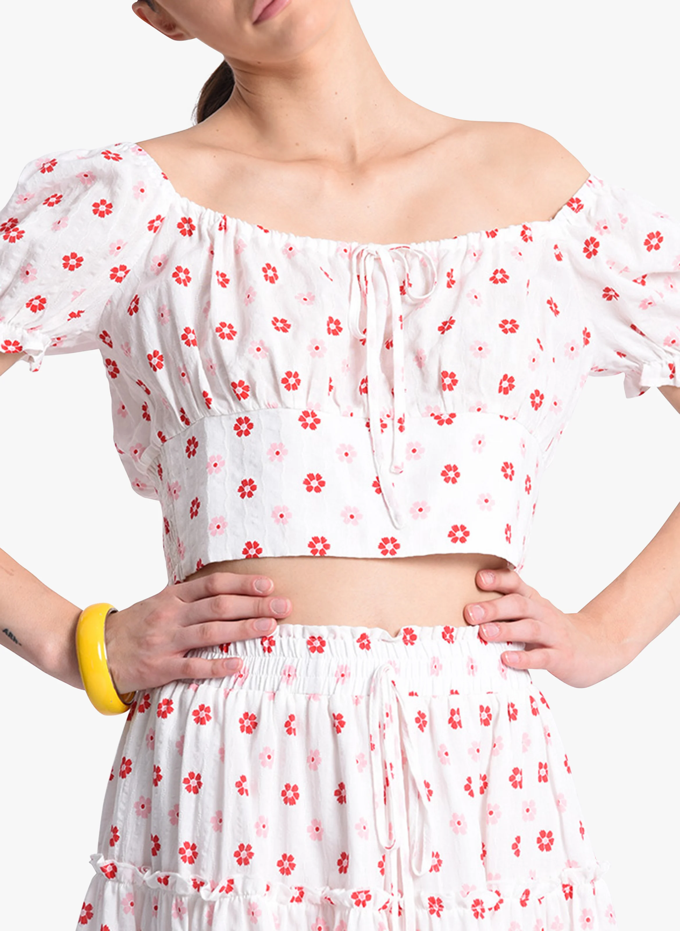 Top col bardot imprimé fleuri en coton| Blanc