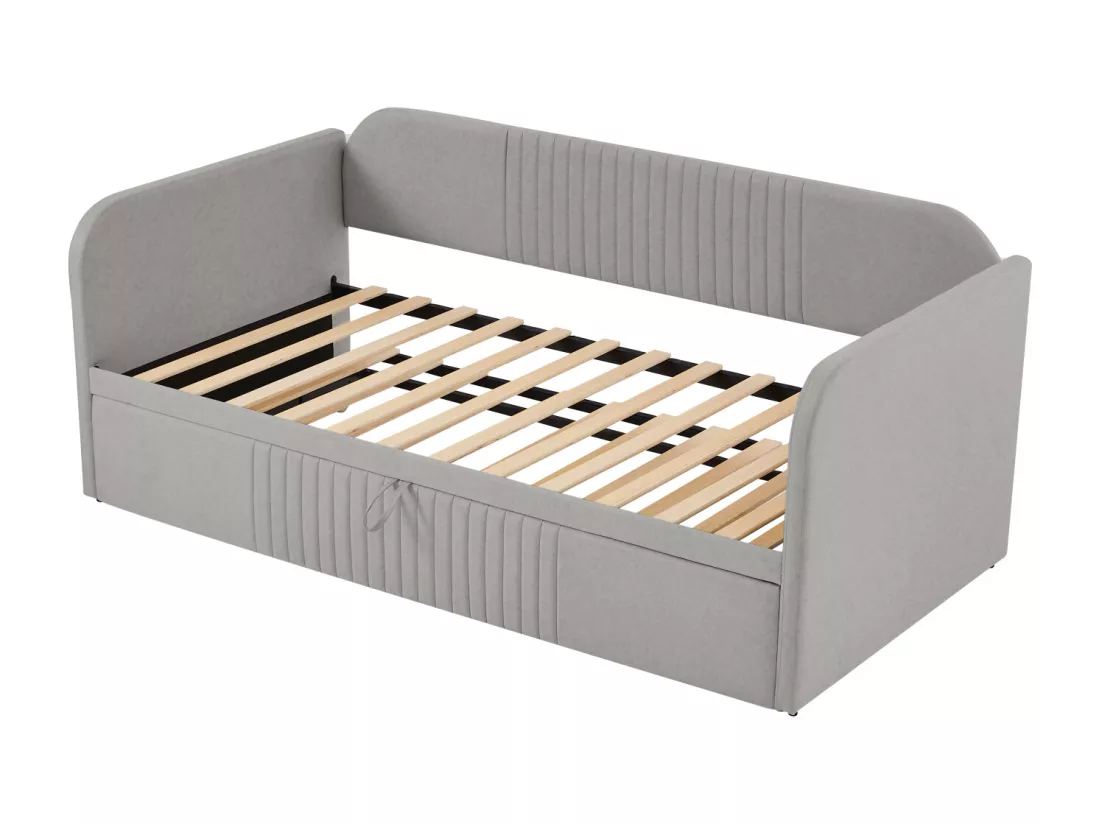 Lit gigogne 90-180x190cm, canapé-lit capitonné à rayures verticales, avec sommier à lattes, sans matelas, tissu en lin, gris clair