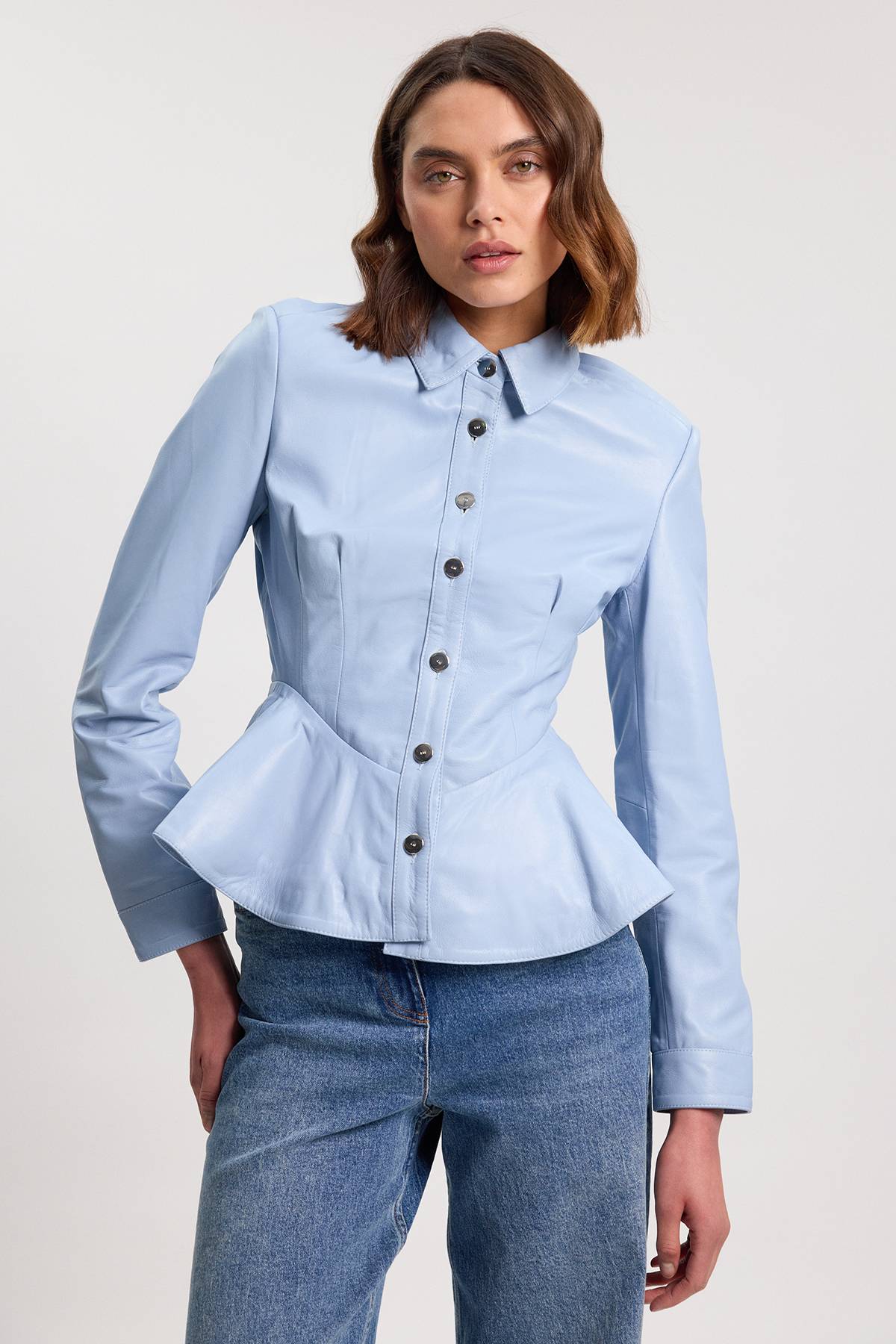 KarenMillen Chemise En Cuir À Basque Boutonnée