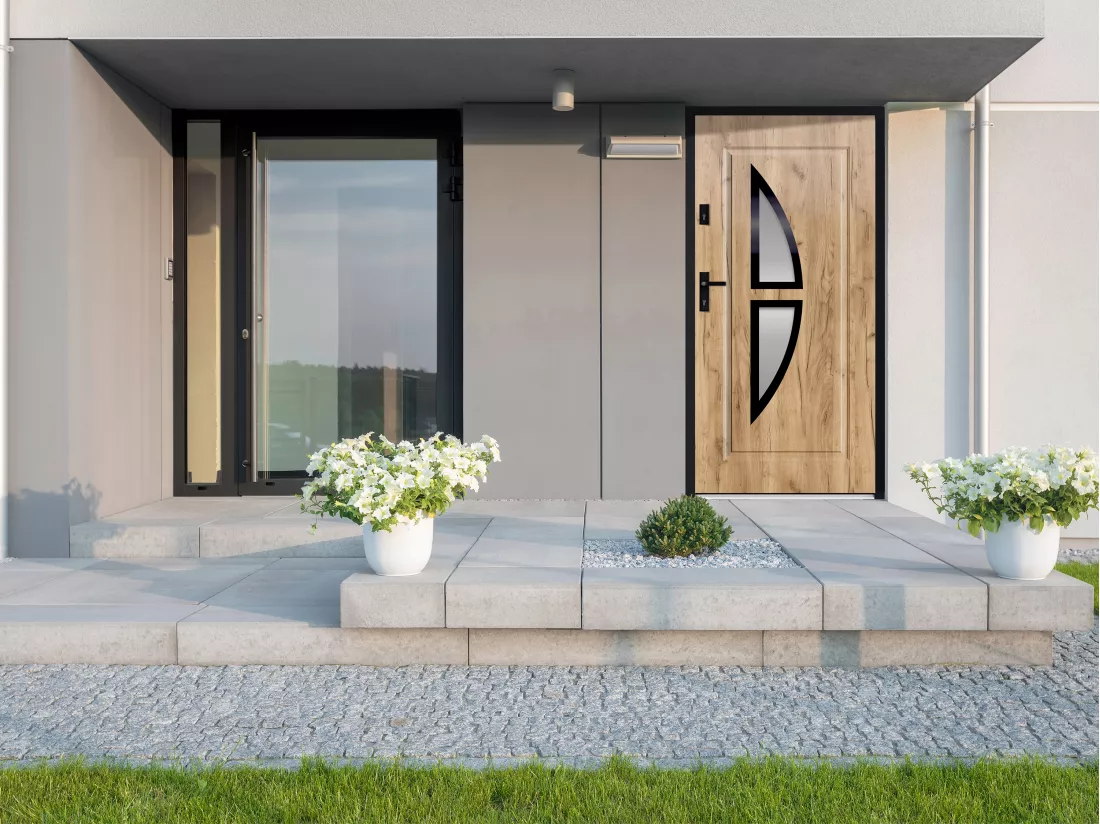 Porte d'entrée en acier vitrée et inox H207 x L100 cm effet chêne - poussant droit - COVAS