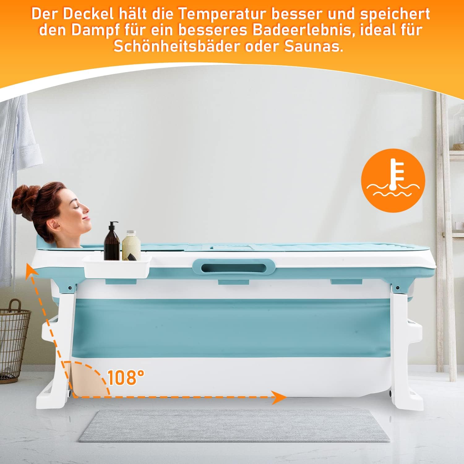 149x60x50cm XXL Faltbare Badewanne Erwachsene, Erwachsener foldable bathtub mit Abdeckung Klappbadewanne klappbare mobile Badewanne mit Korb für Badezimmer, Dusche und Balkon