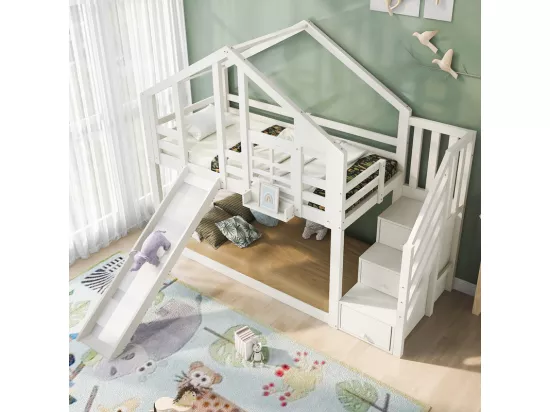 Lit superposé pour enfant - avec escalier de rangement et toboggan - lit cabane 2 x 90 x 200 cm - Pin + MDF - Blanc