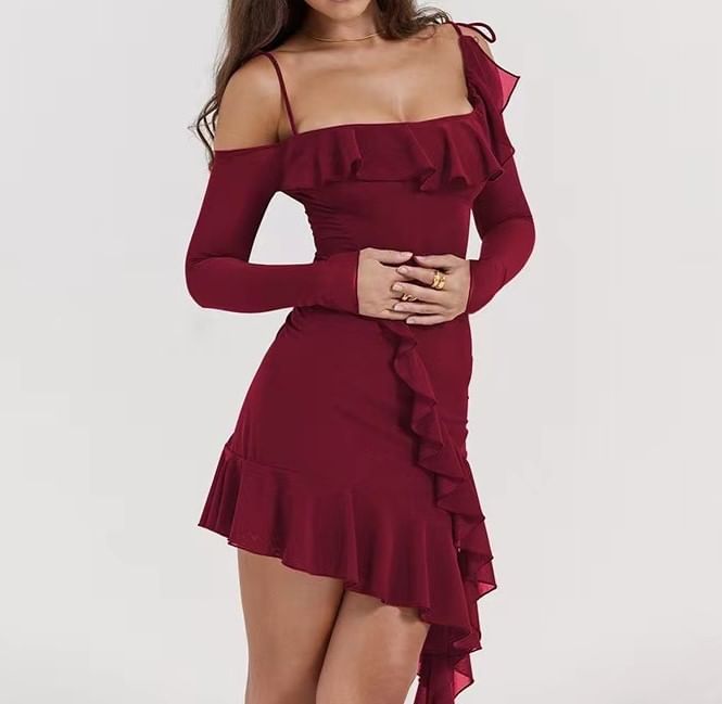 Rosesand - Lange mouw off-shoulder effen mesh mini-bodyconjurk met ruches