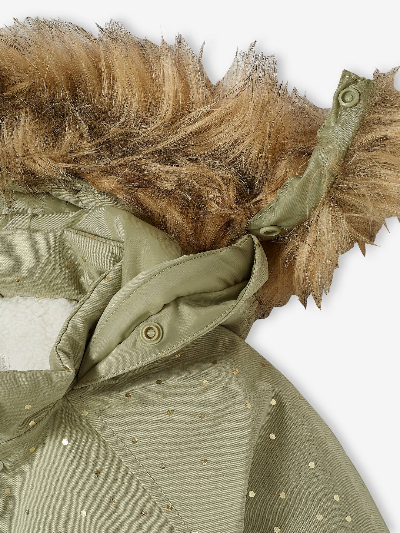 Parka infantil tamanho médio com capuz, estampa iridescente de bolinhas verdes e enchimento de poliéster reciclado.