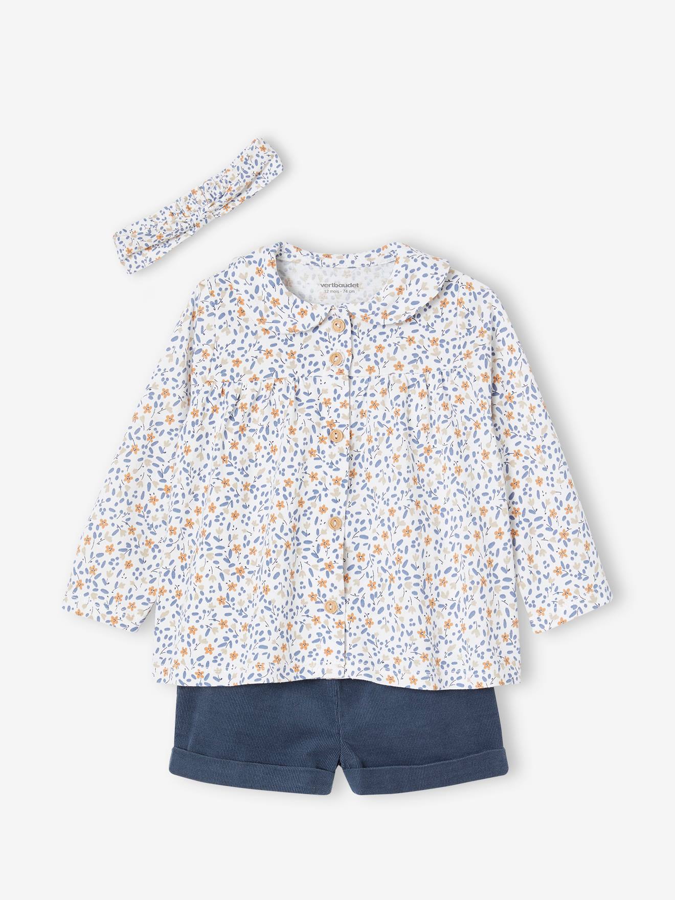 Conjunto de 3 peças para bebê menina, camiseta, shorts de veludo cotelê e faixa de cabelo, verde escuro liso.