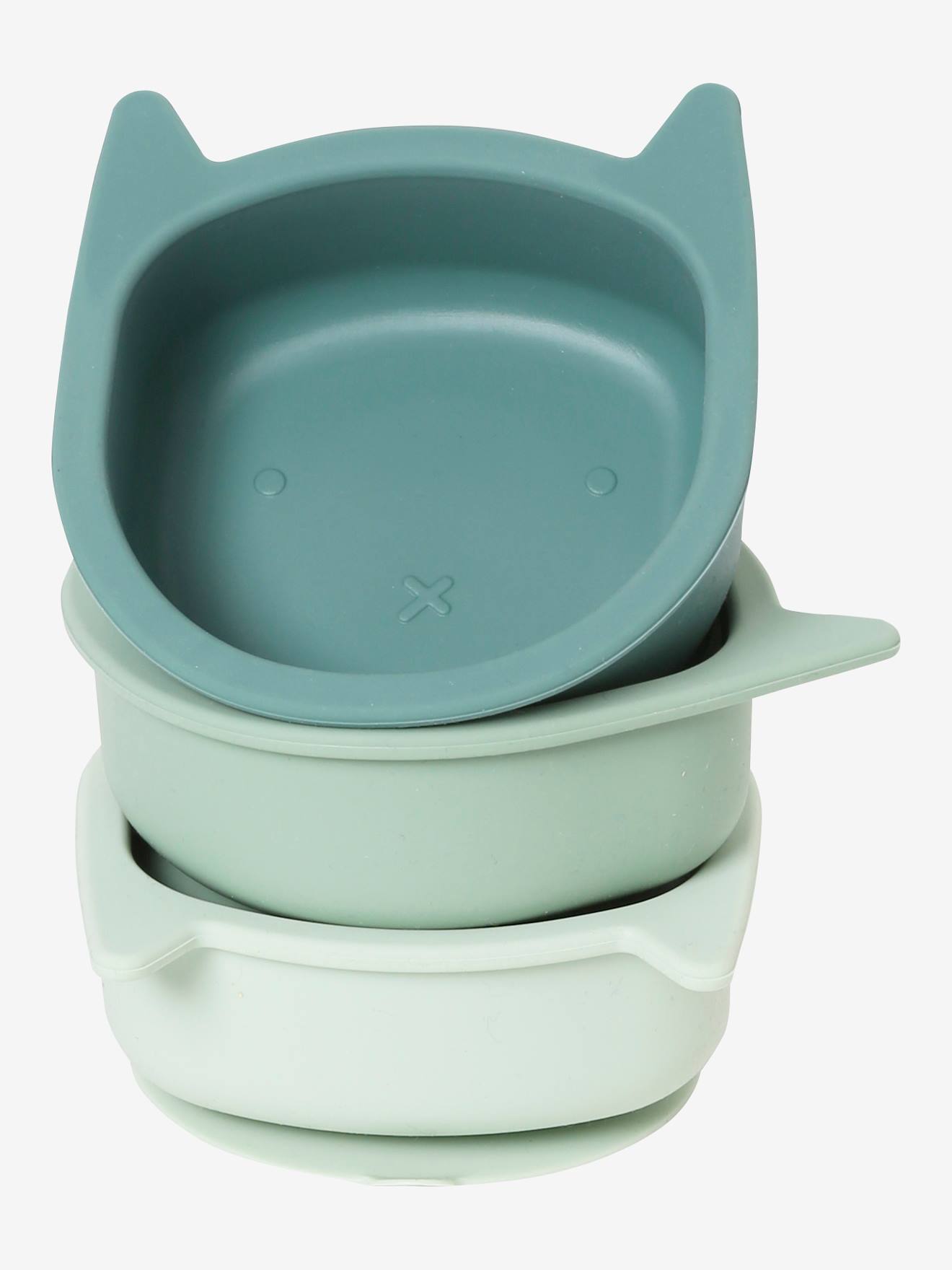 Conjunto de 3 tigelas de silicone lisas verde-claras para gatos.