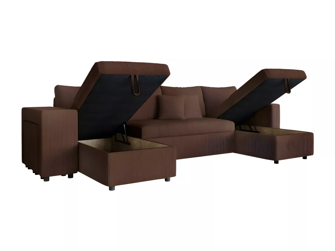 Canapé panoramique Oslo convertible avec 2 coffres, 2 poufs à gauche en velours côtelé marron - L311 x P146 x H81cm - Loungitude