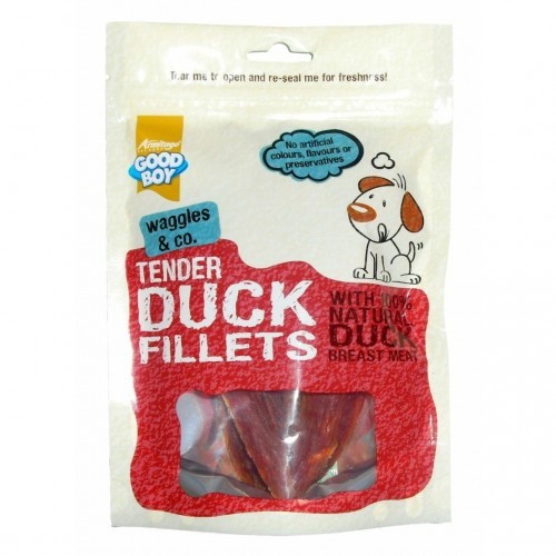Petiscos macios de pato recheados para cães, sabor pato.