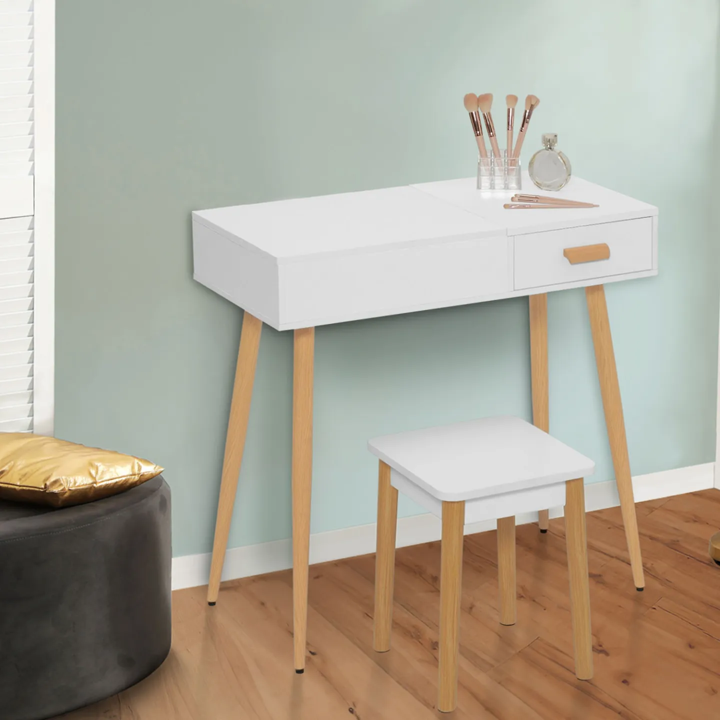 Coiffeuse scandinave LISA blanche miroir rabattable LED et tabouret