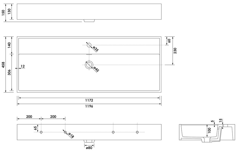 Brauer Gravity enkele wastafel mineraalmarmer 120cm met 1 kraangat wit glans