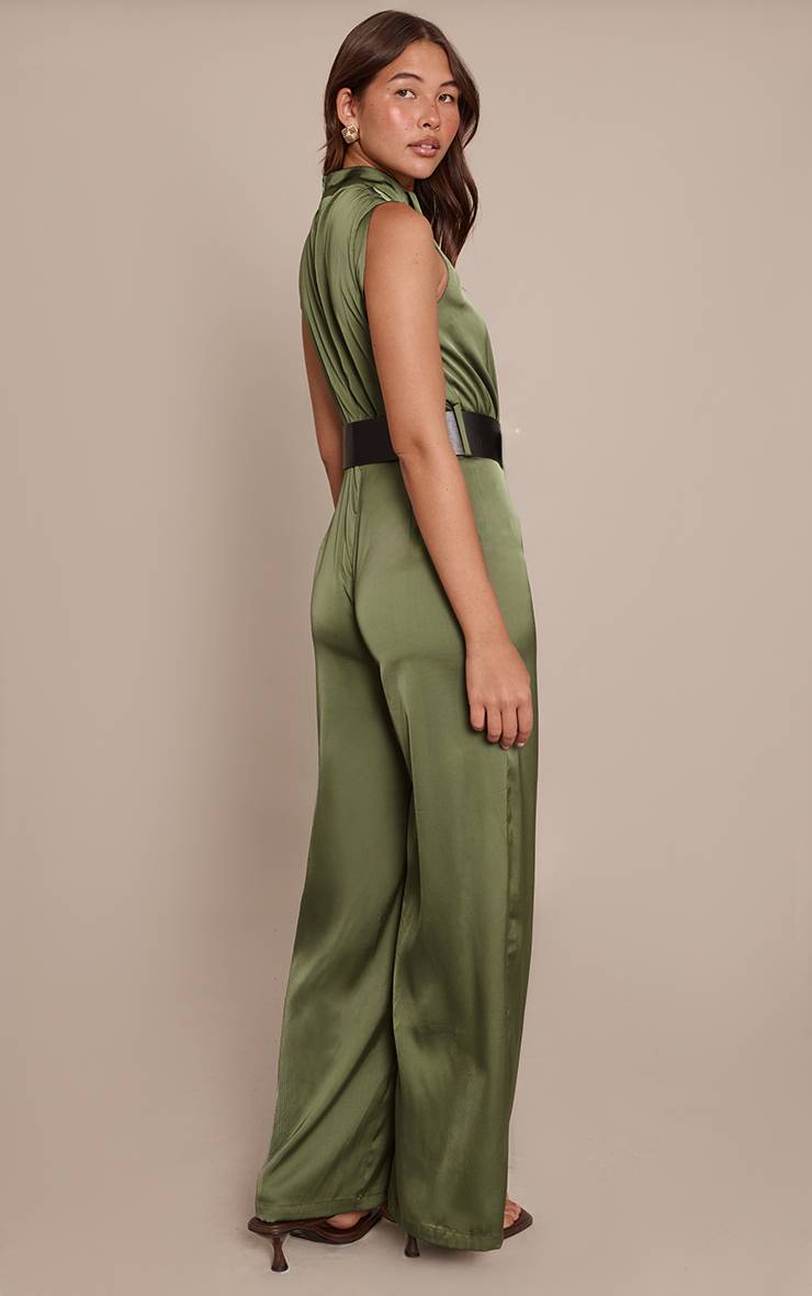 Kaki Combinaison Pantalon Large En Satin Col Montant Avec Ceinture