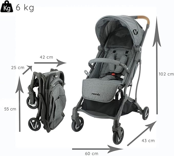 Poussette compacte CASSY 6-48 mois, légère et maniable - pliable à une main - Sac de transport et porte gobelet inclus - Nania (gris)