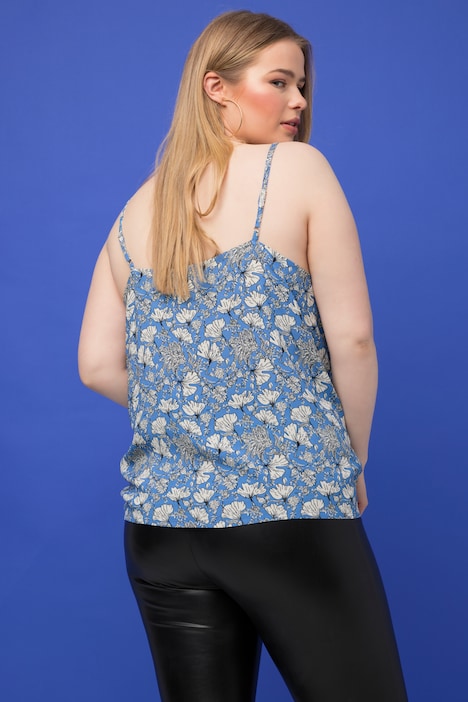 Top, V-Ausschnitt mit Spitze, floraler Print