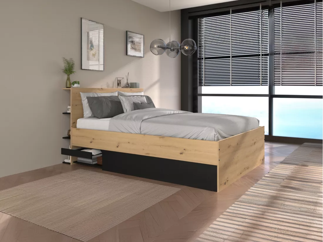 Lit coffre 140 x 190 cm - Coloris : Naturel et noir + Matelas - RADANI