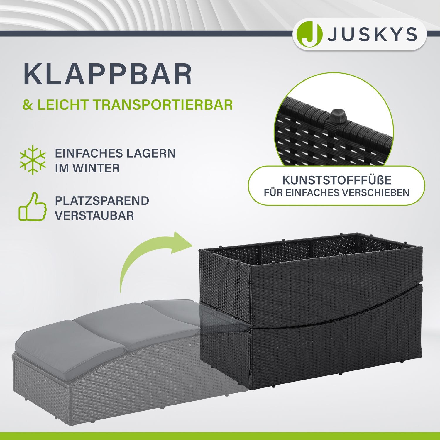 Juskys Sonnenliege Lamia klappbar - Polyrattan Gartenliege mit Auflage - Outdoor Liege Schwarz