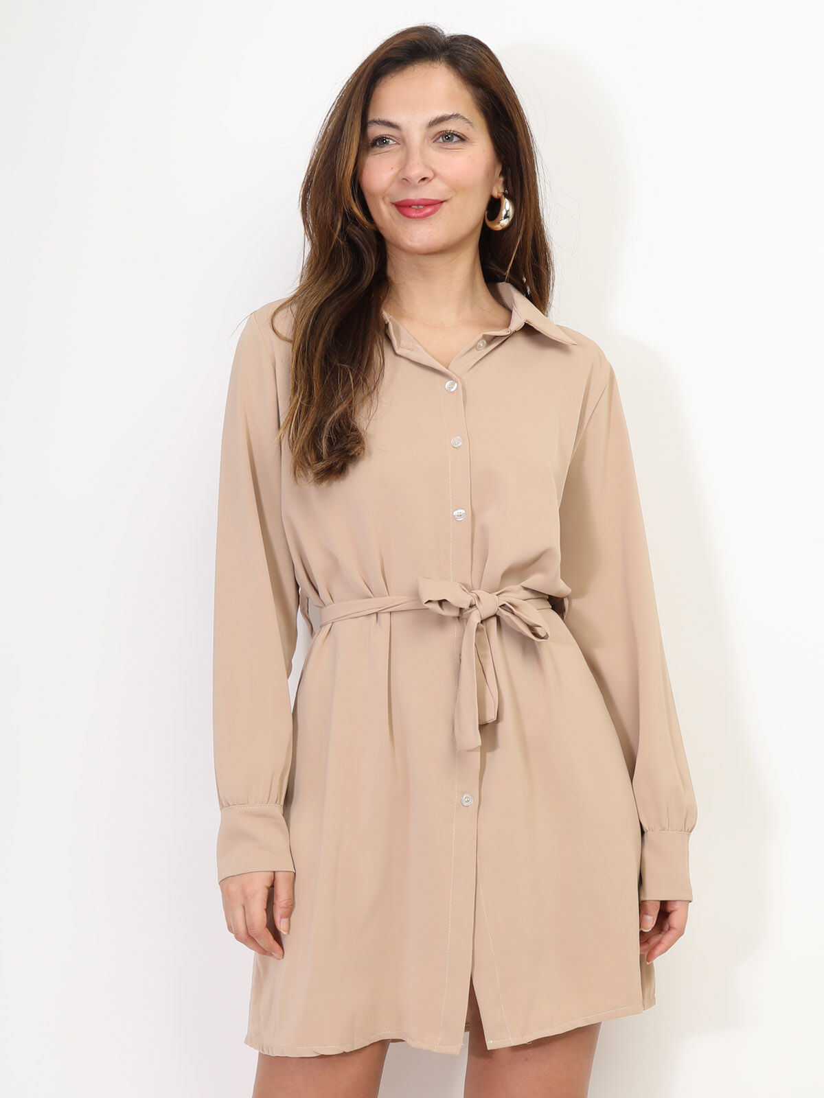 Robe chemise à nouer- Beige foncé