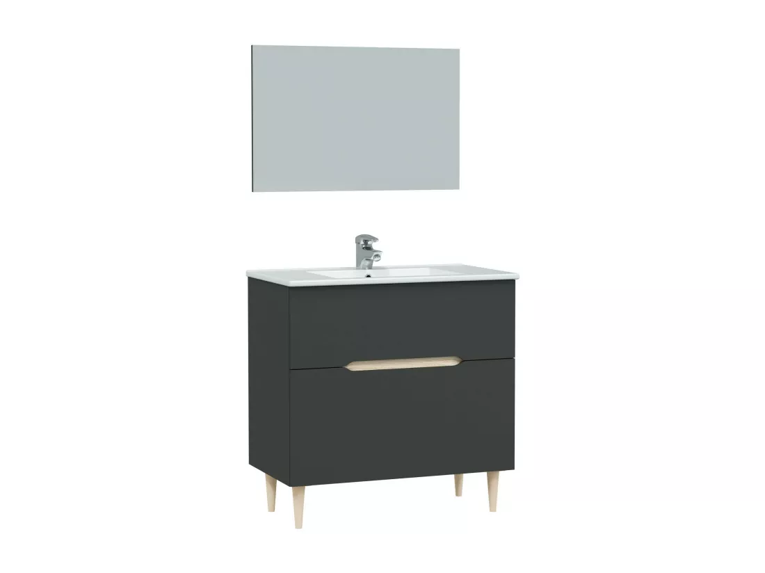 Meuble sous-vasque Dosimhe, Meuble sous-vasque de salle de bain, Meuble sous-vasque avec miroir, Lavabo non inclus, 80x45h80 cm, Anthracite et Chêne