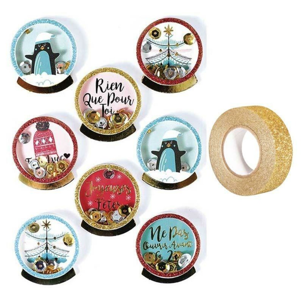 8 stickers 3d de noël pingouins 4 cm + masking tape doré à paillettes 5 m