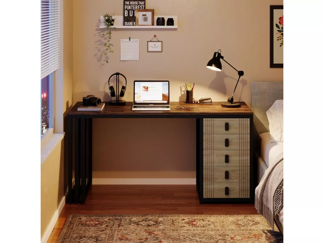 Tribesigns Bureau d'ordinateur avec 5 tiroirs, armoire réversible, en bois moderne, avec rangement, pour la maison, le bureau, la chambre à coucher, marron et chêne