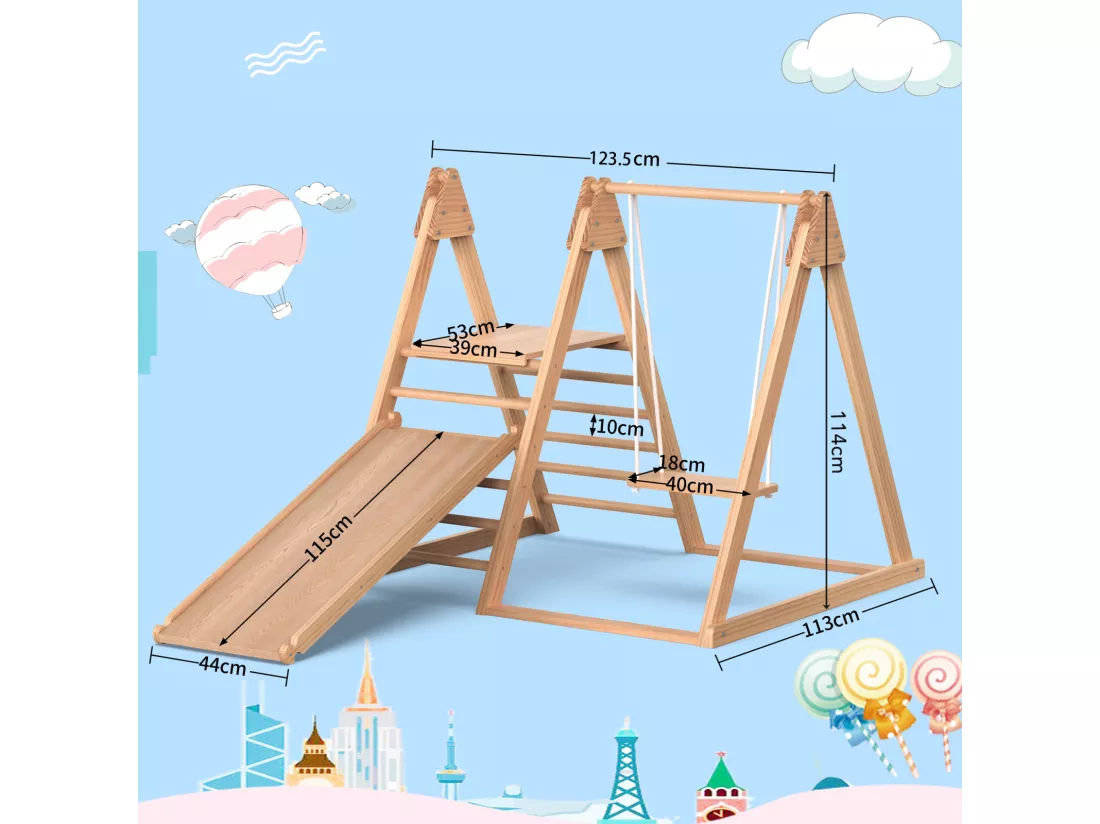 Aire de jeux en bois 3 en 1 pour enfants - Avec toboggan, balançoire, échelle - En pin massif