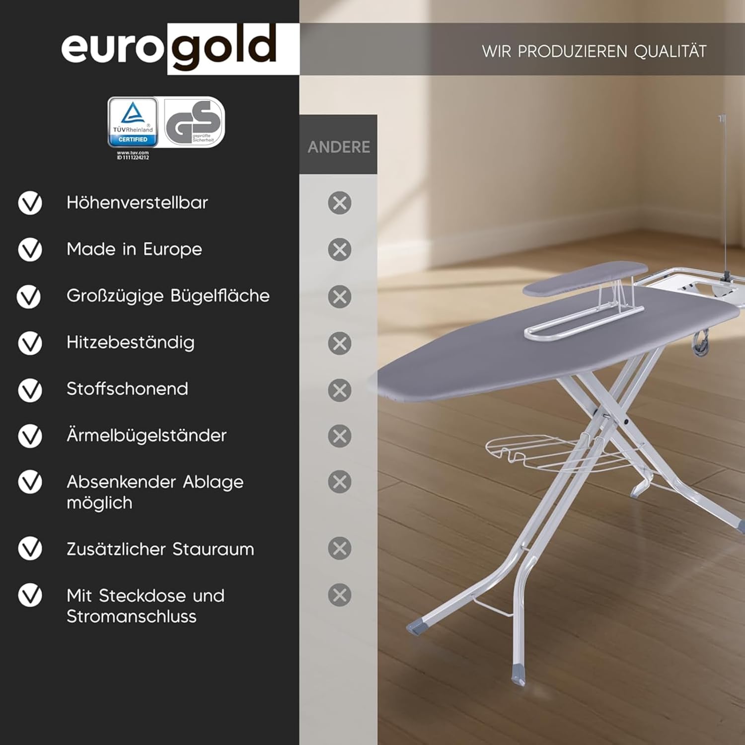 EUROGOLD Bügelbrett für Dampfbügelstation 130x48 cm – Bügelbrett XXL mit Steckdose, höhenverstellbarer Bügeltisch klappbar, mit Ärmelbrett & Bügeleisenablage, Oeko-TEX Baumwollbezug (Grey)
