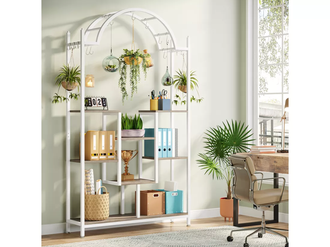 Support pour plantes d'intérieur à 5 niveaux - Étagère arquée en métal avec crochets de suspension, Blanc et gris