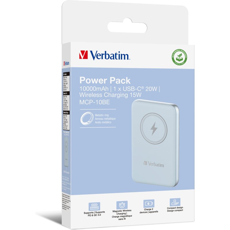 Verbatim Charge 'n' Go Lithium Polymère (LiPo) 10000 mAh Recharge sans fil Bleu