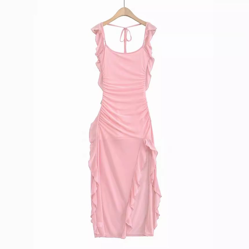 Sundine - Maxi-jurk met kapmouwen, ronde hals, effen ruches en mesh met split