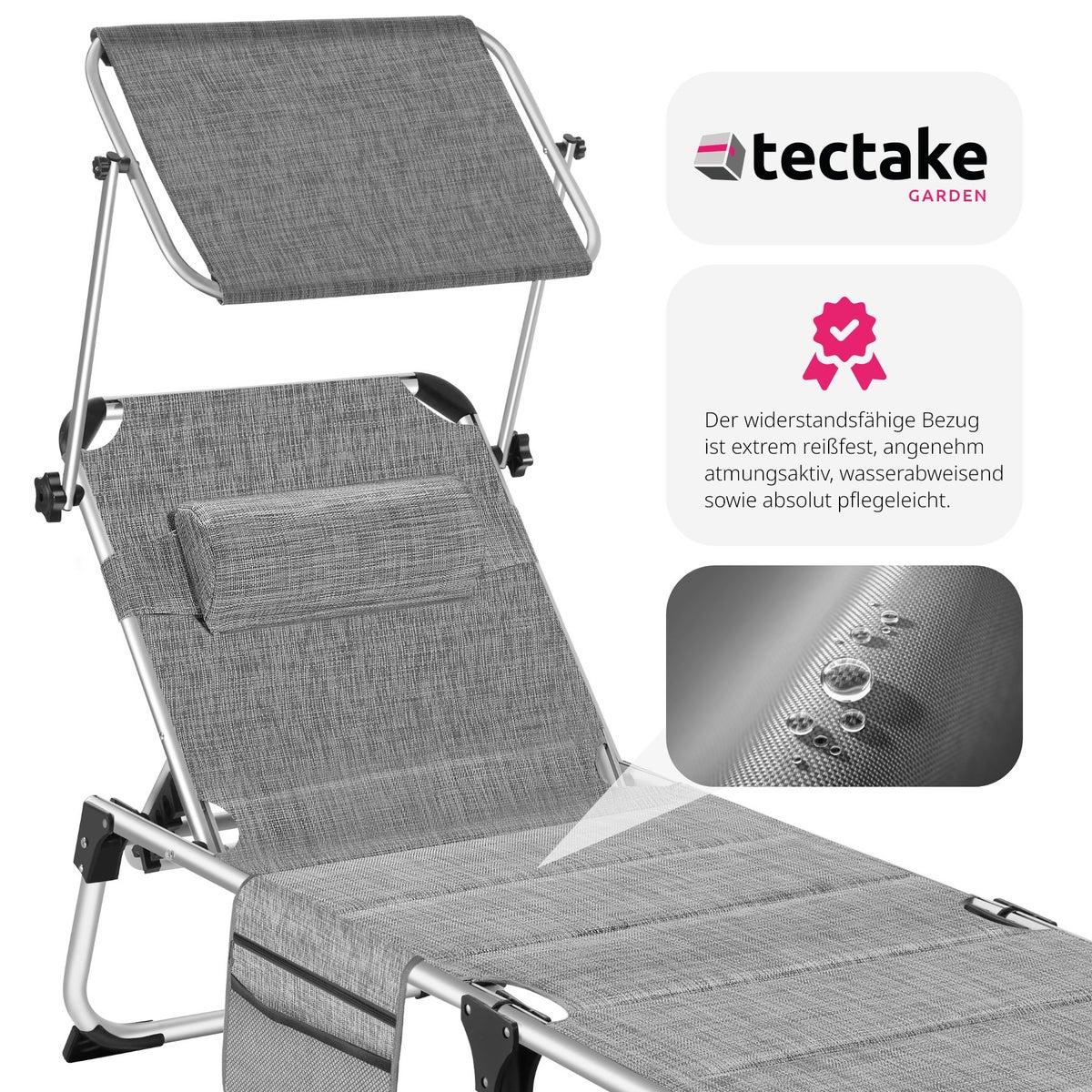 tectake Lorella gestoffeerde zonnebank, opvouwbaar 220 x 60,5 x 34 cm, met zijvak