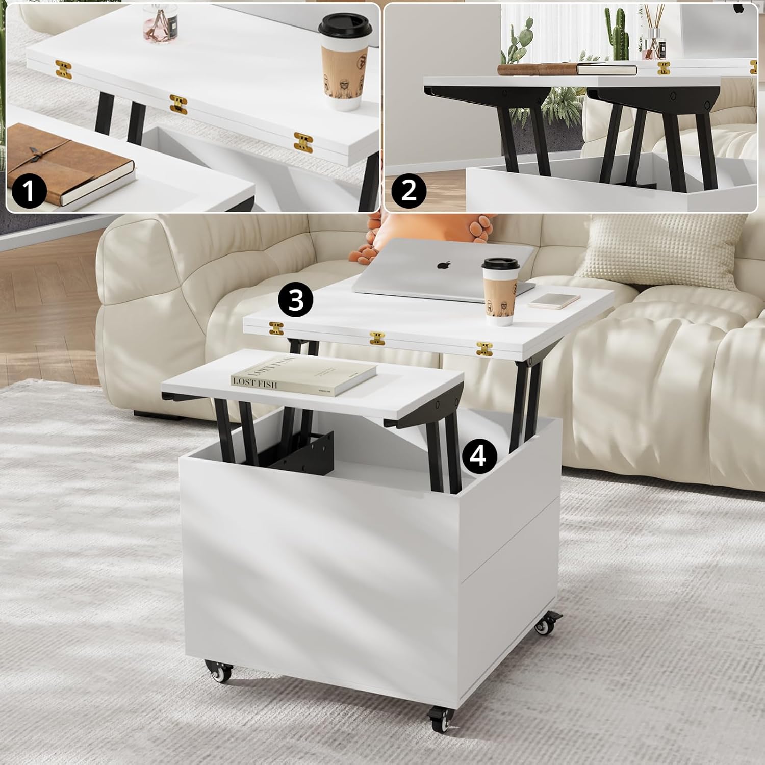 VOWNER Couchtisch Höhenverstellbar, 3-in-1-Multifunktions-Couchtisch Umwandelbar in Wohnzimmer-Esstisch, Couchtisch mit Verstecktem Stauraum, 120L x 60W x 68H cm (Weiß)