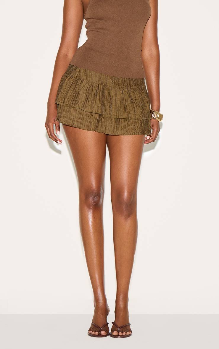 Dark Khaki Mini-jupe Kaki À Taille Basse En Tissu Froissé Avec Volants