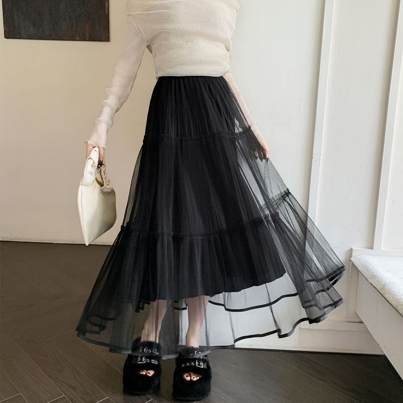 Luminato - Elastische taille, effen gelaagde mesh maxi-A-lijn rok