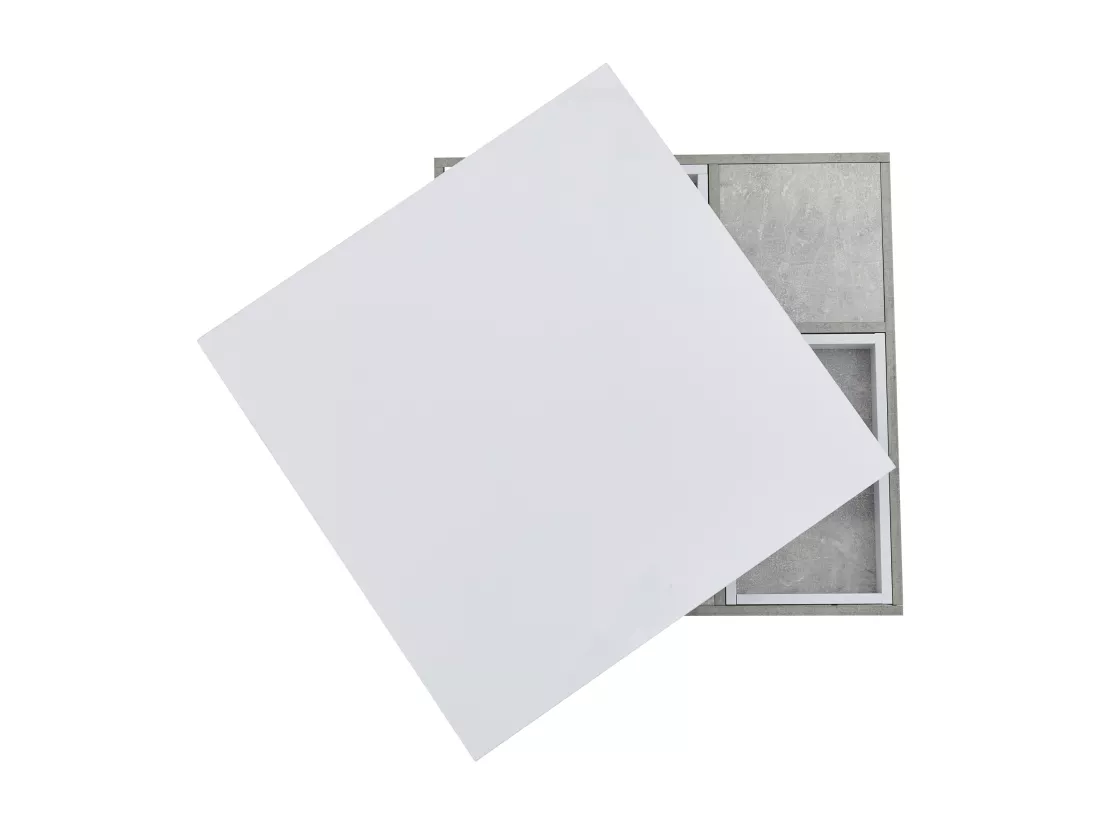 Table basse avec rangements 70x70x36 cm - plateau brillant orientable à 360° - Blanc & Gris