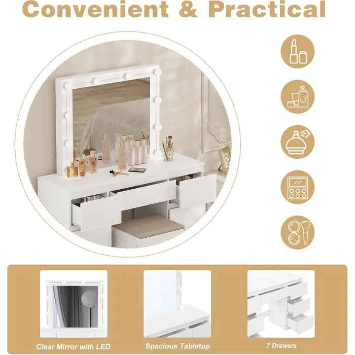 Coiffeuse Avec Miroir LEDtabouret,luminosité Réglable,table De Maquillage,110x39,5x140,5cm,blanc Coiffeuse