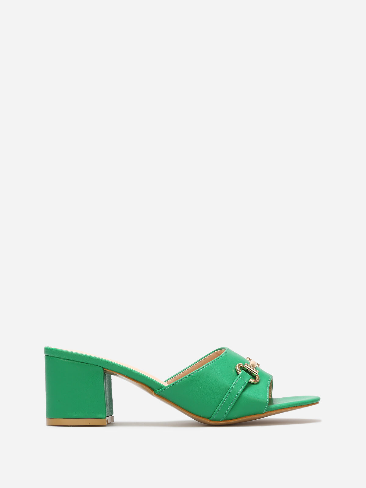 Mules à talon et détail boucle dorée- Vert