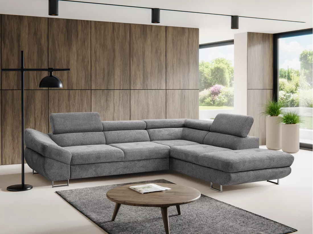 Canapé d'angle droit convertible en tissu texturé gris DALIAS