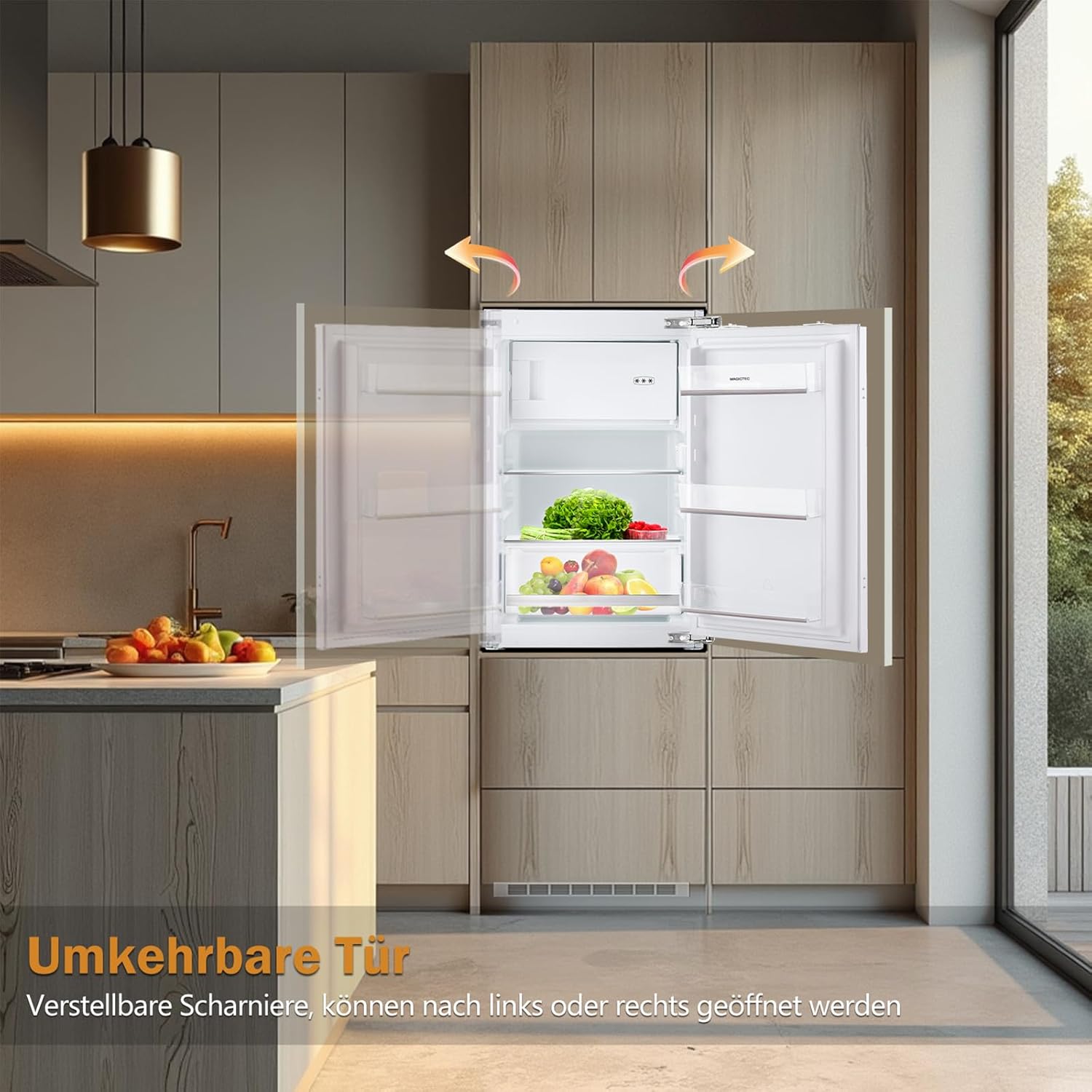 Einbaukühlschrank mit gefrierfach 88cm Einbau kühlschrank 118 L | ( 16L Gefrierfach + 102L Kühlschrank ) | Energieeffizient | Leise | 2 hat,1 schubladen | Einfach zu reinigen | Wechselbaren Türsc