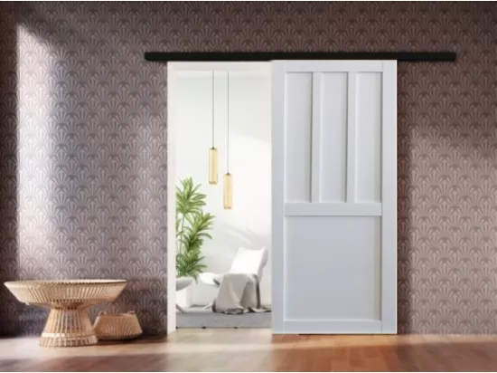 Porte Coulissante Atelier 2 Panneaux Blanc H204 X L83 + Rail Alu Bandeau Noir Et 2 Coquilles Noir Gd Menuiseries