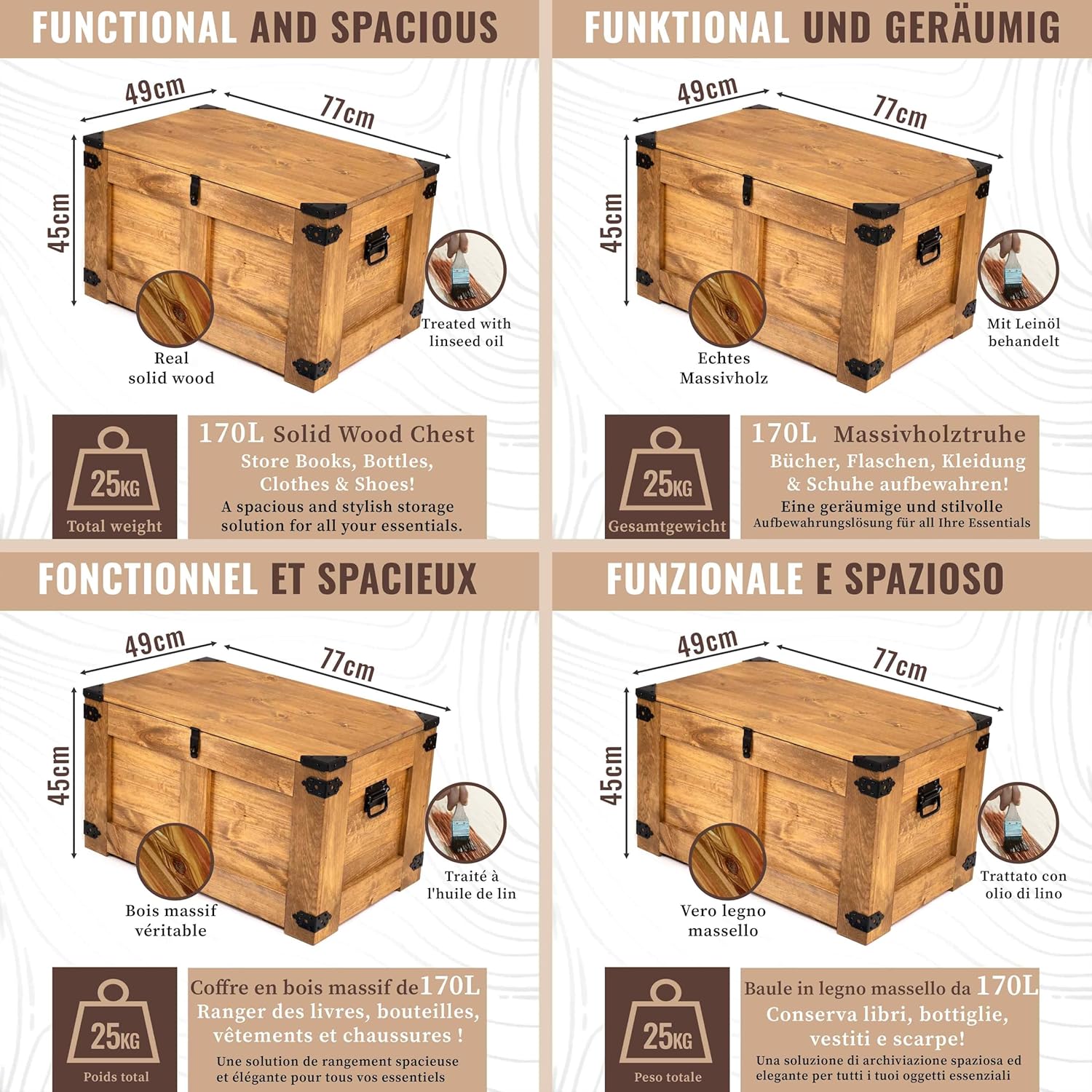 CREATIVE COOPER holzbox, schatztruhe, aufbewahrungsbox, tisch, rustikal truhentisch, couchtisch, spielzeugkiste, 77x49x45 cm, Handarbeit holztruhe, Eco Holzöl Braun…