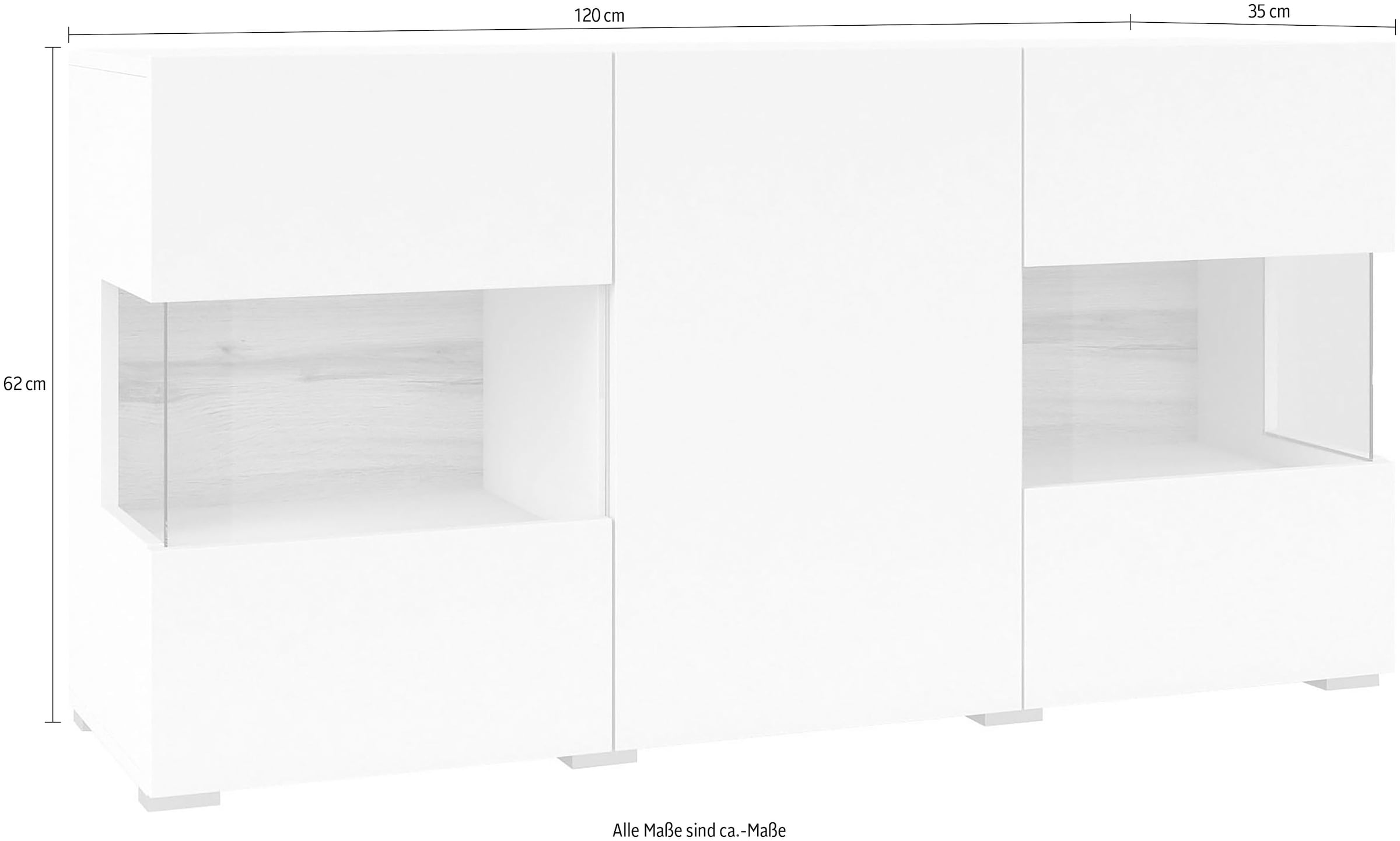 INOSIGN Sideboard »Ava, Breite 120 cm, hängend und stehend montierbar« moderne grifflose Kommode, Anrichte, 3Türen, Eckverglasung