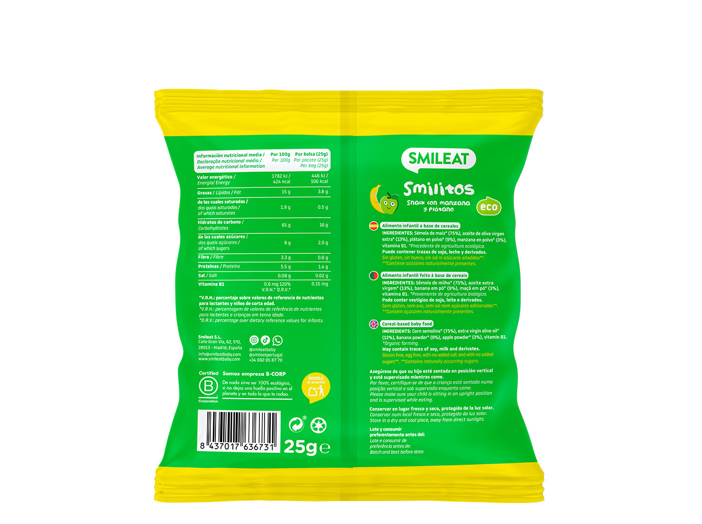 SNACKS SMILEAT BIO MAÇA E BANANA 25G