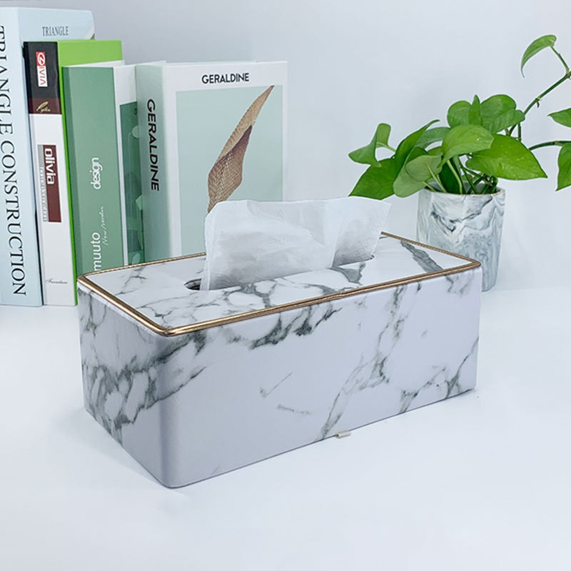 (25x14cm) Leder Taschentuch Spender Home Nastuch Dispenser Kosmetik Tuch Aufbewahrungs Box im Marble Marmor Design - Weiss