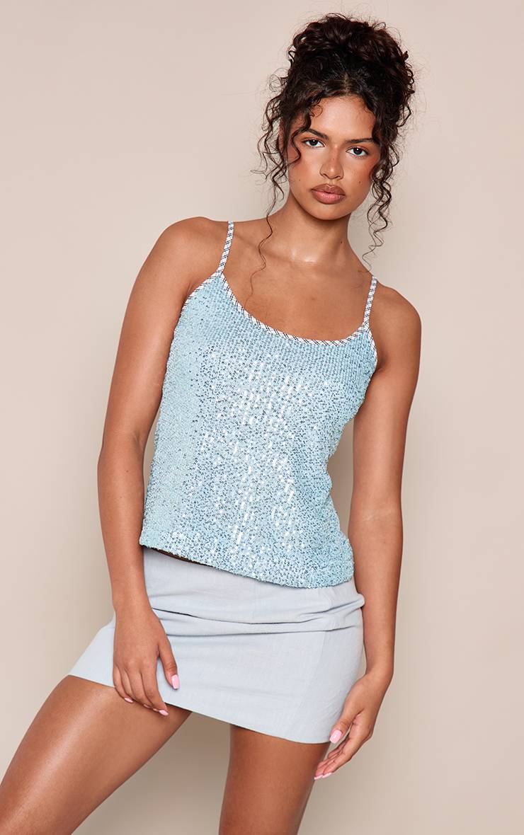 Bleu Clair Caraco Court À Carreaux De Sequins