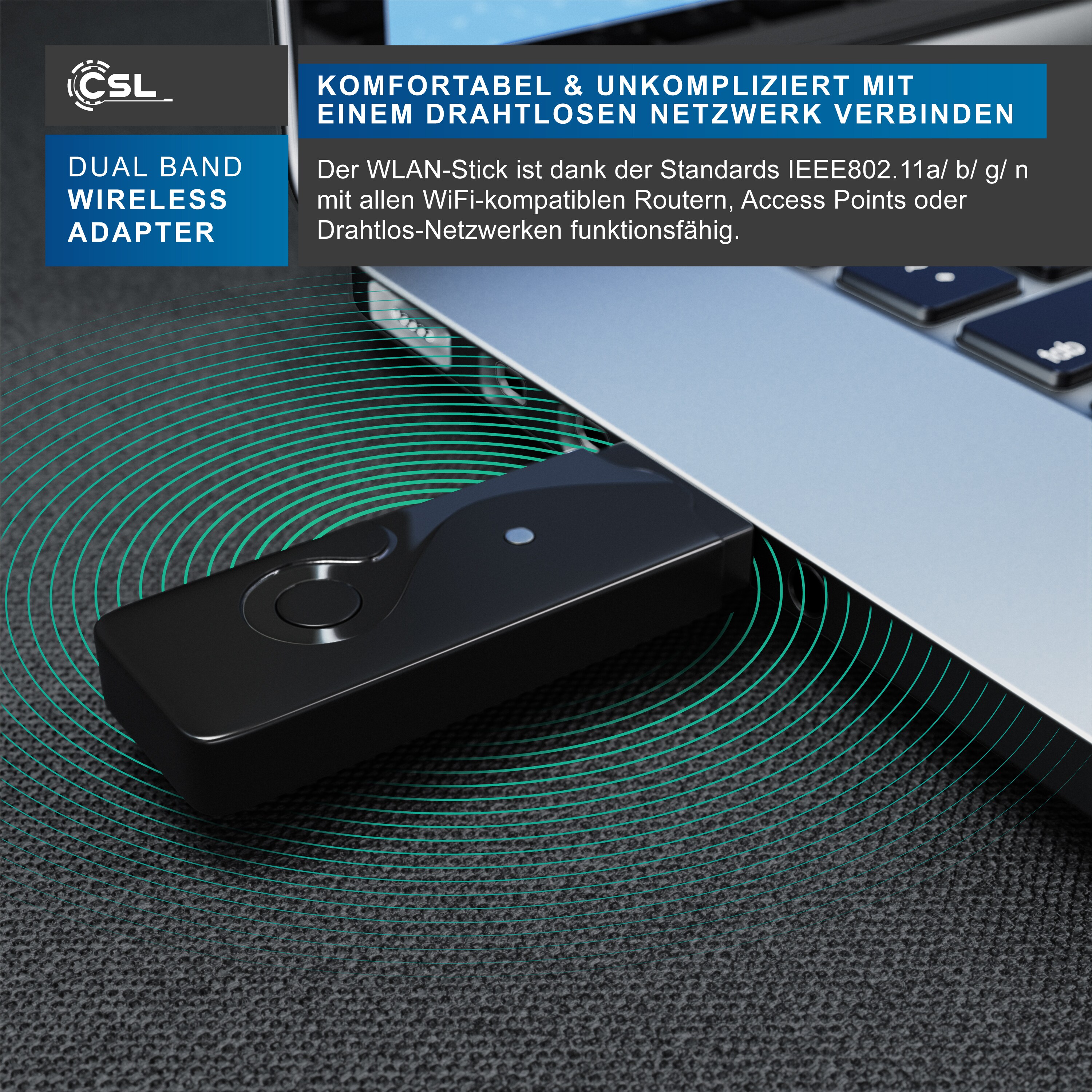 CSL - USB WLAN Stick Adapter DualBand, 2,4GHz & 5GHz bis zu 300 Mbit/s, USB 2.0, MU-MIMO, kompatibel mit Windows 7-11, Schwarz
