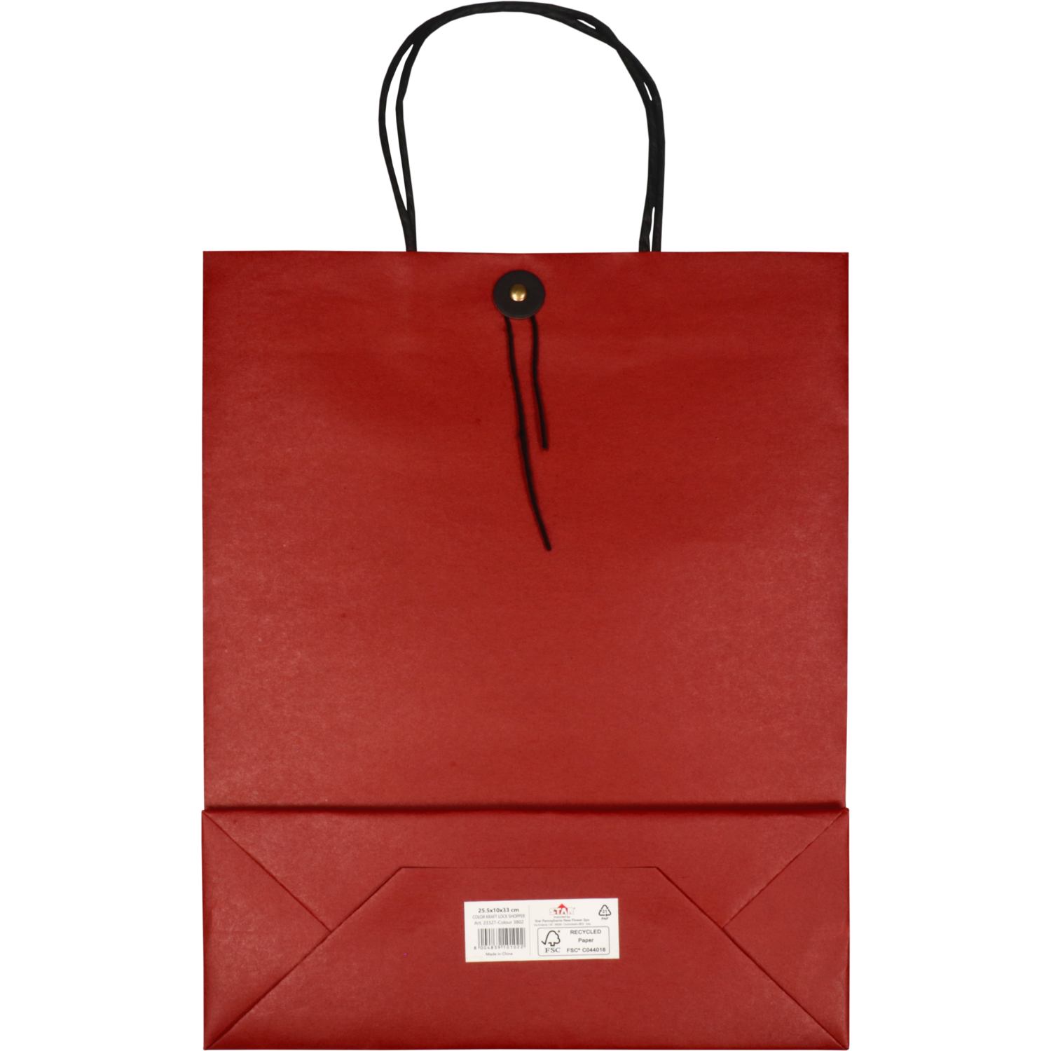 Tas, Papier, gedraaid papieren koord, japanse sluiting, 25.5x 10x33cm, draagtas, rood