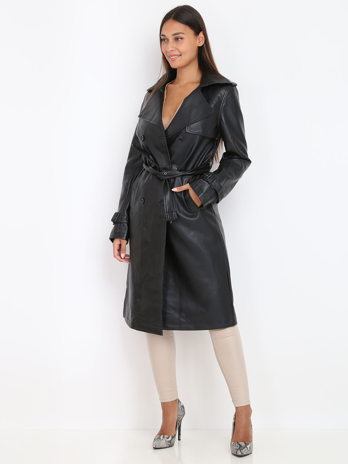 Trench en simili avec ceinture- Noir