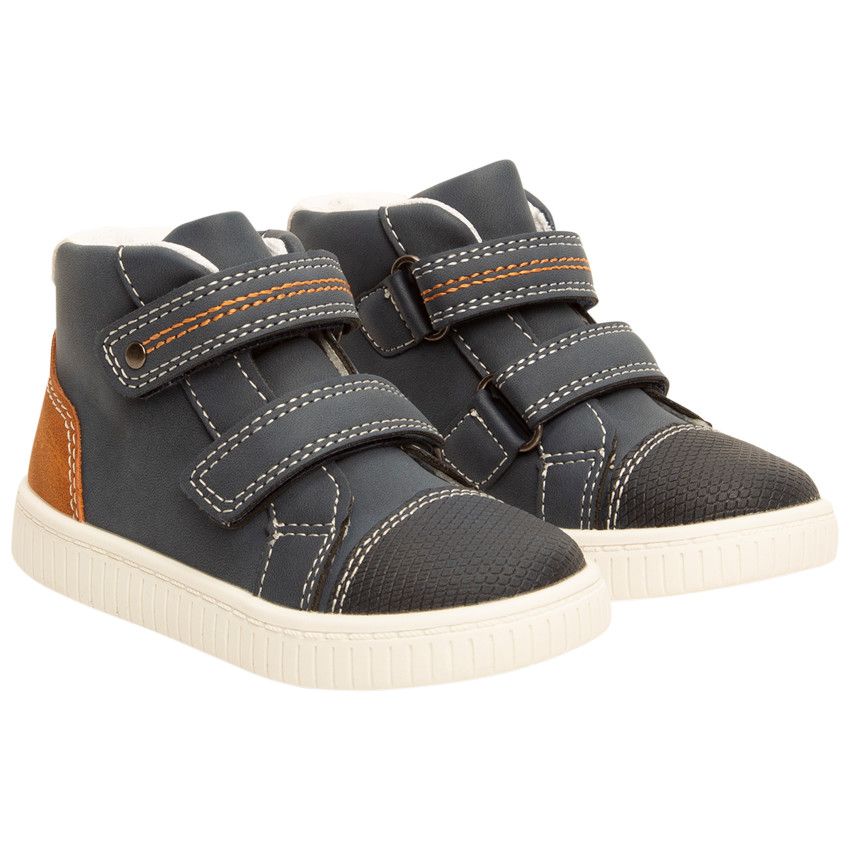 Bottillons en cuir à scratch pour bébé garçon - Bleu marine
