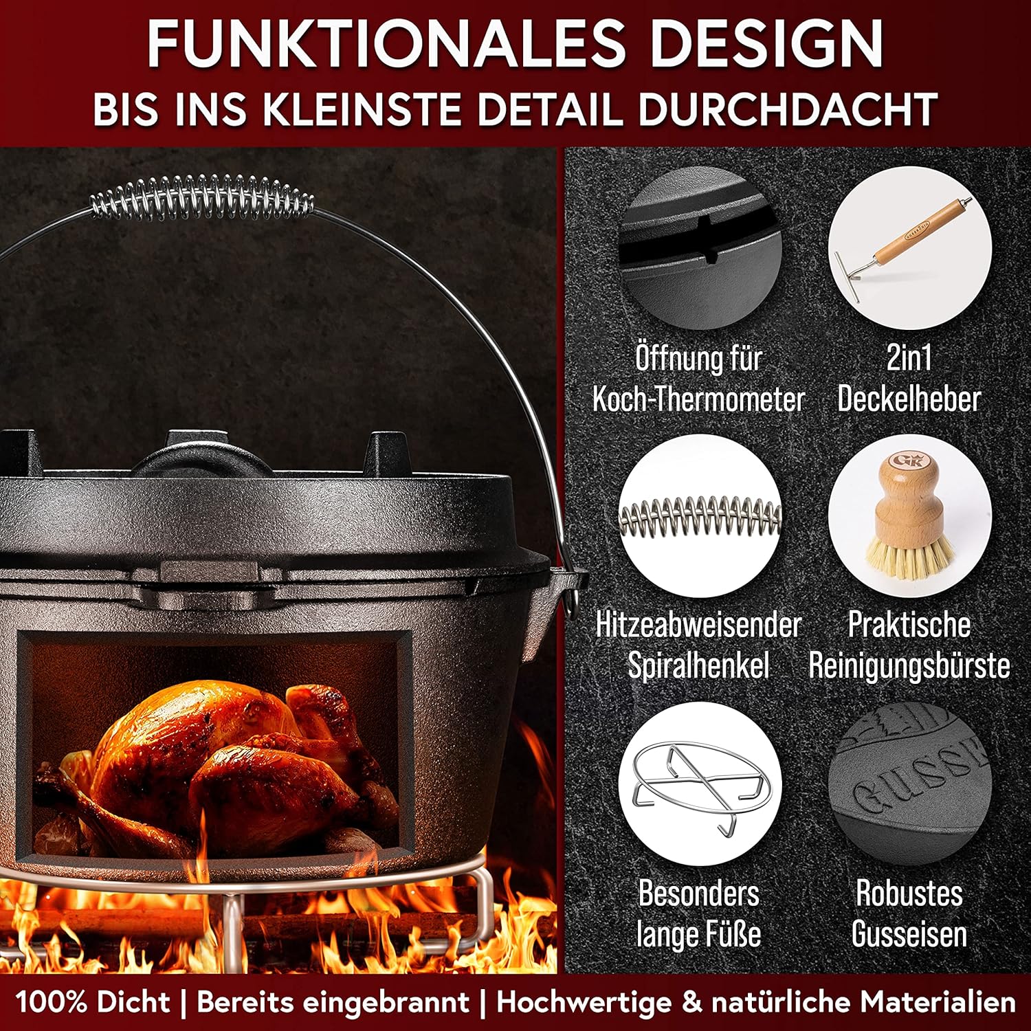 Dutch Oven Set-Eingebrannter Dutch Oven 9L [6-10 Person]-Feuertopf Gusseisen ohne Füßen-Schmortopf Doppelfunktion-2in1 Deckelheber,Untersetzer,Bürste,DutchOven Rezeptbuch-30 Jahre Garantie